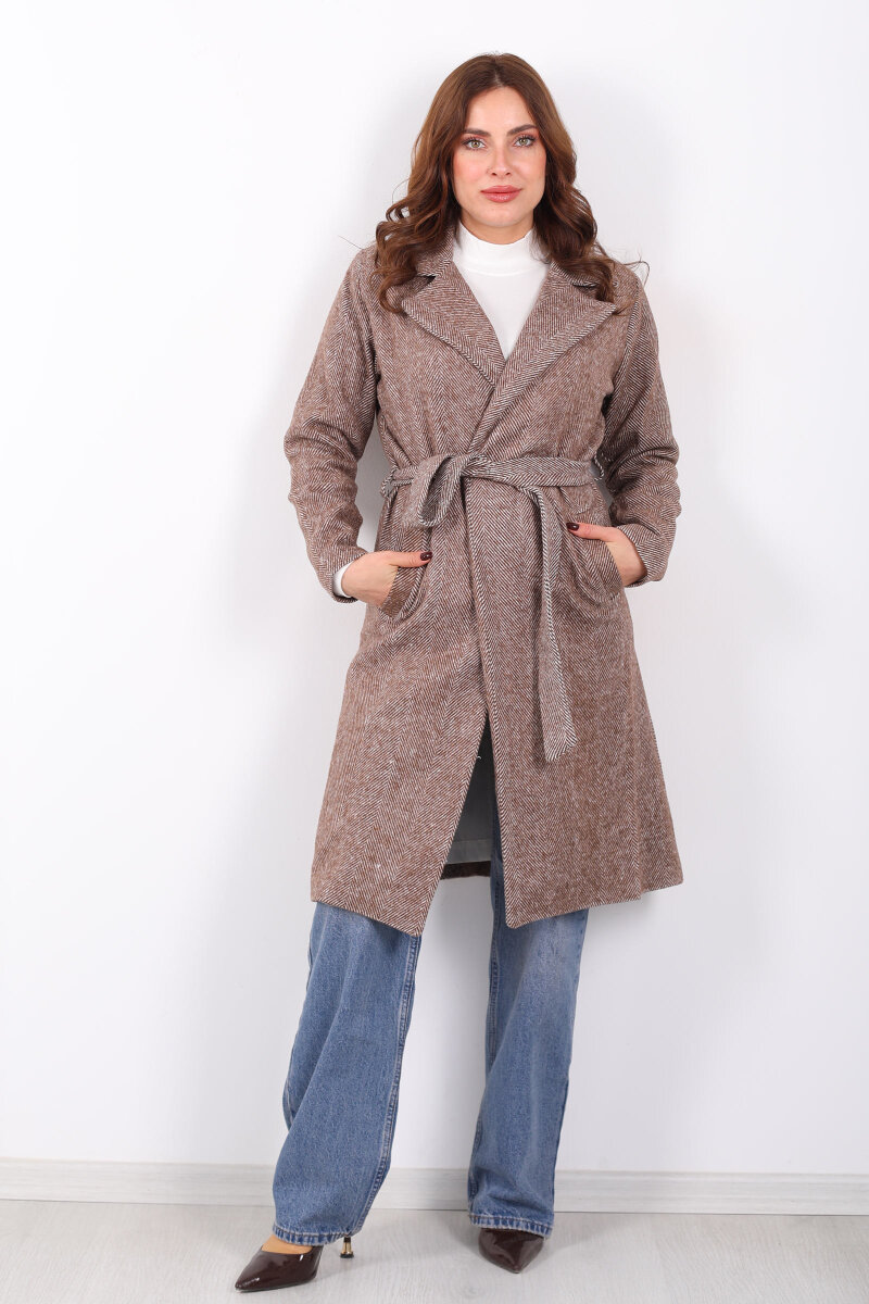 Balık Sırtı Kahverengi Kadın Kaşe Kaban - 3