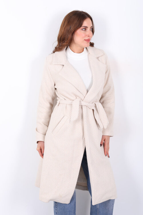 Balık Sırtı Krem Kadın Kaşe Kaban - 7