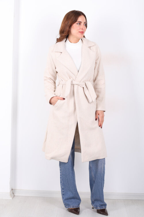 Balık Sırtı Krem Kadın Kaşe Kaban - 4