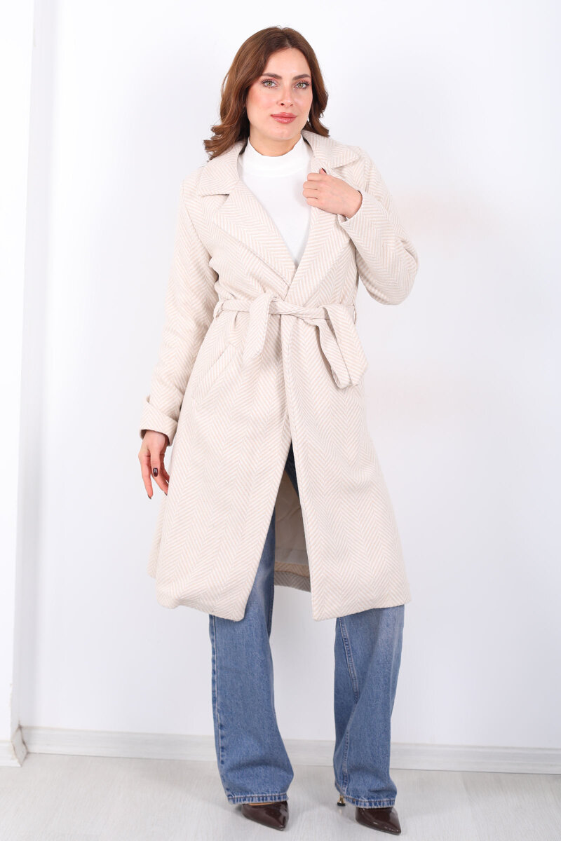 Balık Sırtı Krem Kadın Kaşe Kaban - 1