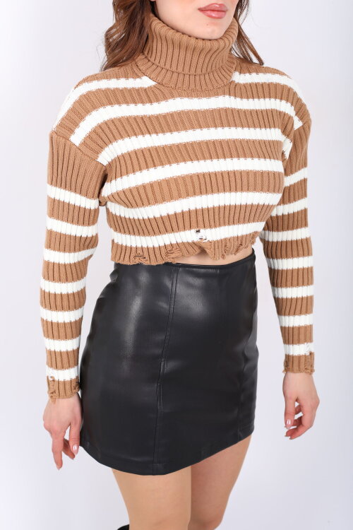 Balıkçı Çizgili Kadın Camel Triko Crop Kazak - Berox (1)