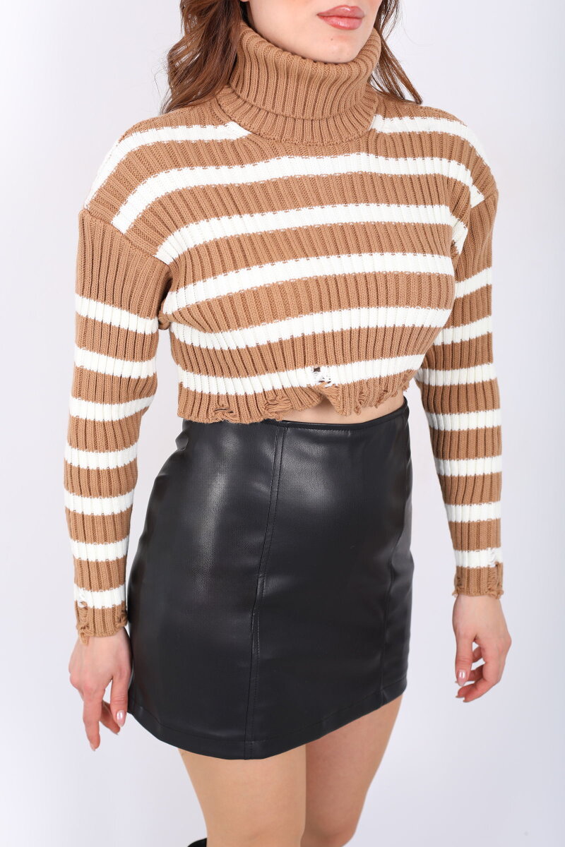 Balıkçı Çizgili Kadın Camel Triko Crop Kazak - 2