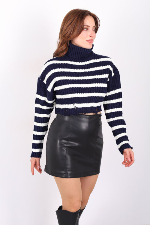 Balıkçı Çizgili Kadın Lacivert Triko Crop Kazak - 4