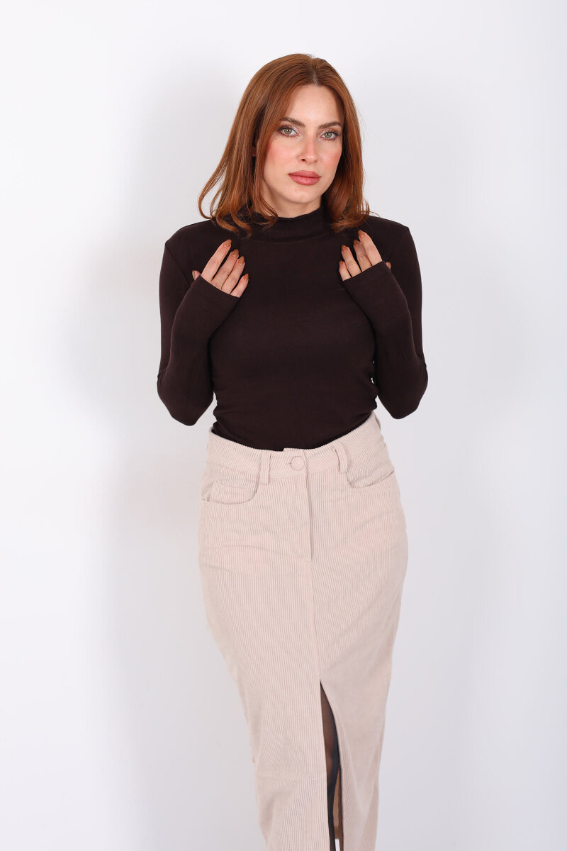 Balıkçı Yaka Kahverengi Kadın Buzzy Body - 3