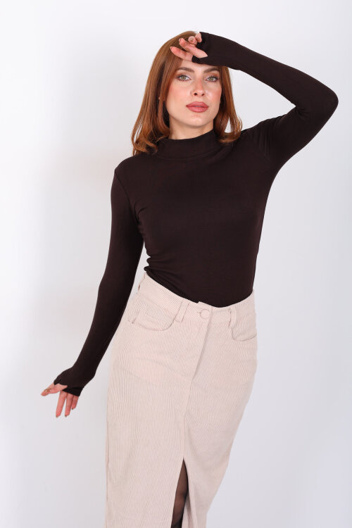 Balıkçı Yaka Kahverengi Kadın Buzzy Body - Berox