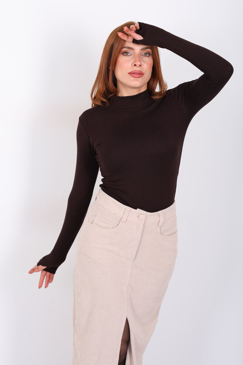 Balıkçı Yaka Kahverengi Kadın Buzzy Body - 1