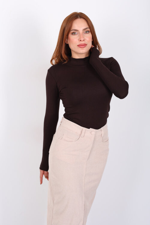 Balıkçı Yaka Kahverengi Kadın Buzzy Body - 4