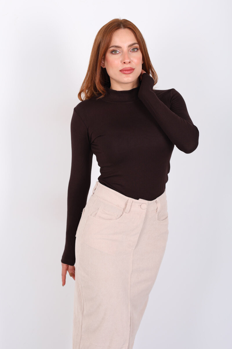 Balıkçı Yaka Kahverengi Kadın Buzzy Body - 4