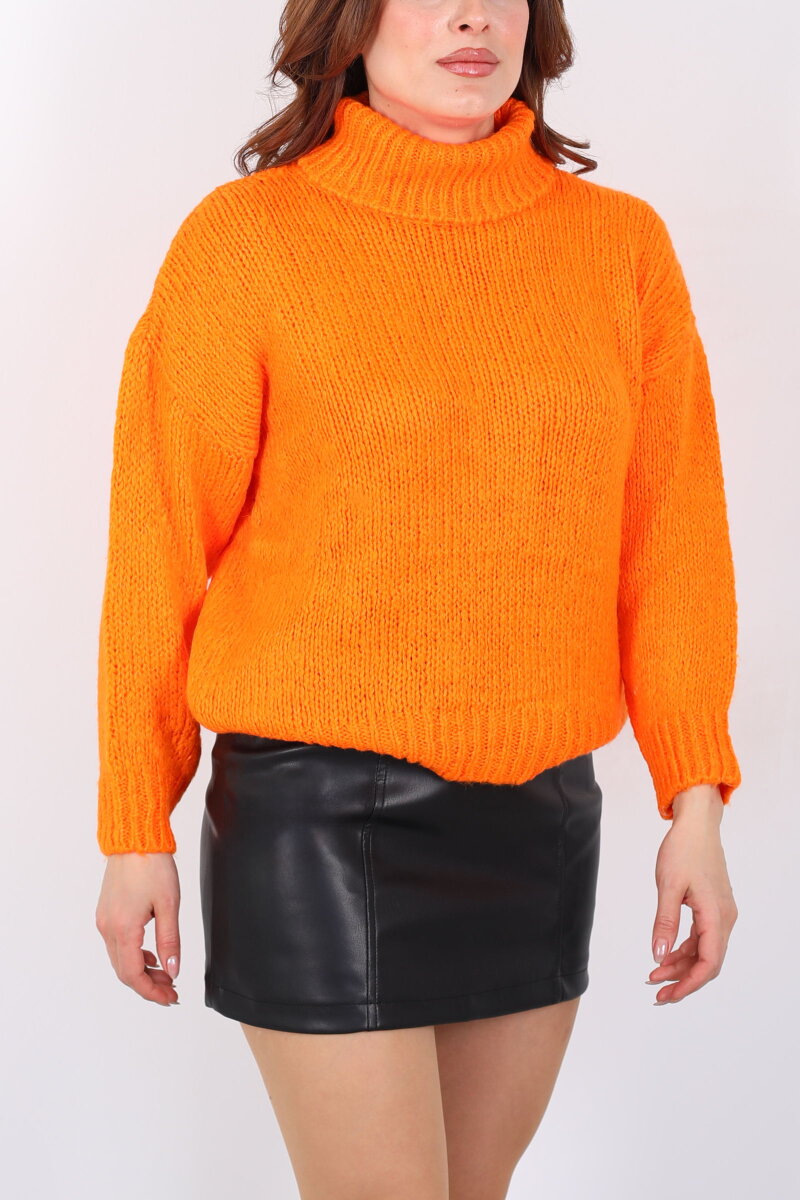 Balıkçı Yaka Oversize Kadın Turuncu Triko Kazak - 2