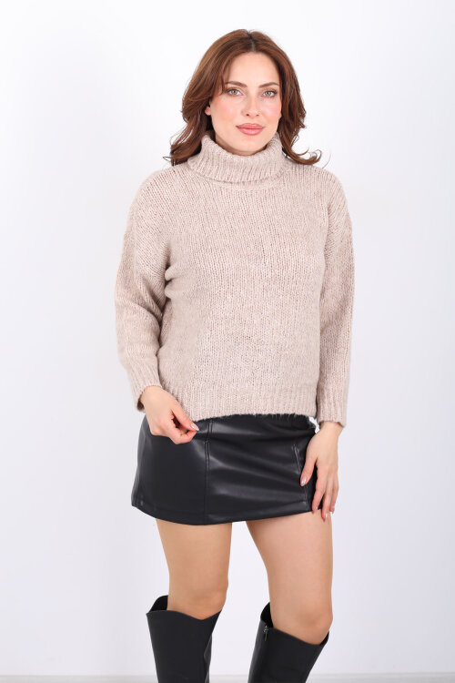 Balıkçı Yaka Oversize Kadın Vizon Triko Kazak - Berox