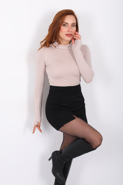 Balıkçı Yaka Taş Rengi Kadın Buzzy Body - 3