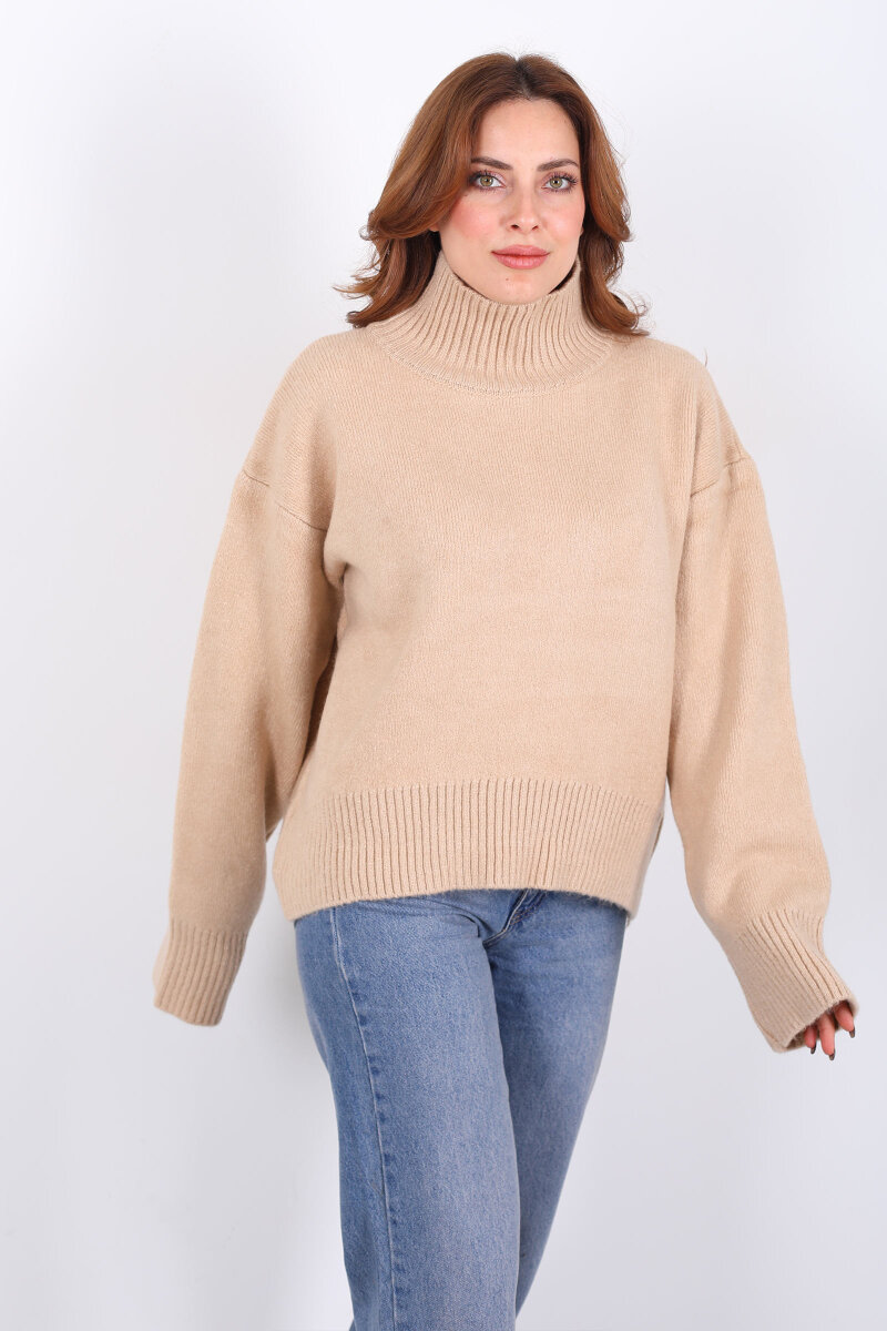 Balıkçı Yaka Uzun Kol Bej Kadın Triko Kazak - 5