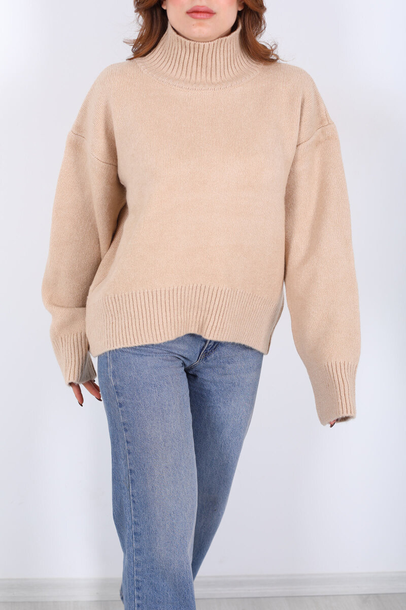 Balıkçı Yaka Uzun Kol Bej Kadın Triko Kazak - 2