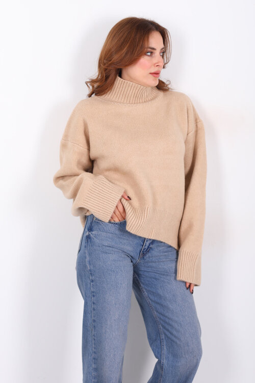 Balıkçı Yaka Uzun Kol Bej Kadın Triko Kazak - 3