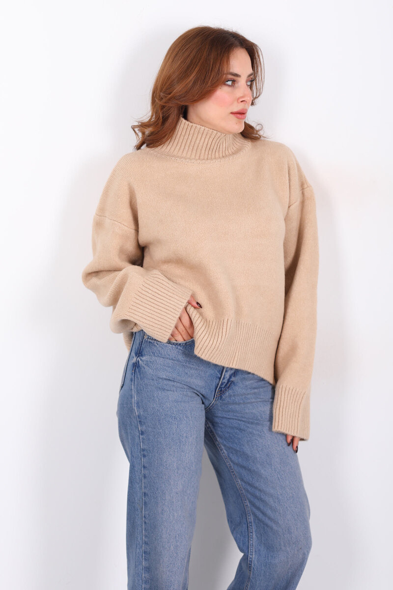 Balıkçı Yaka Uzun Kol Bej Kadın Triko Kazak - 3
