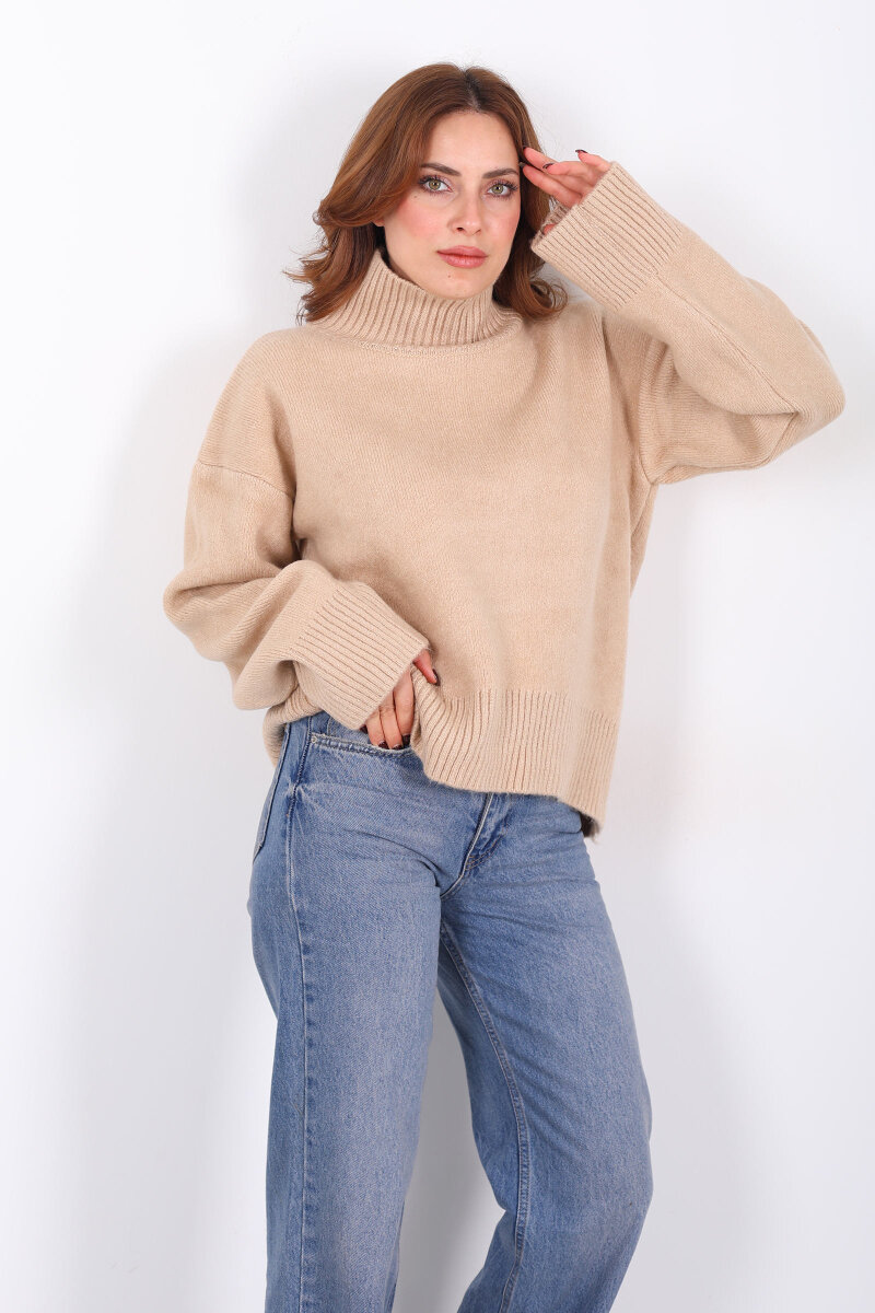 Balıkçı Yaka Uzun Kol Bej Kadın Triko Kazak - 1