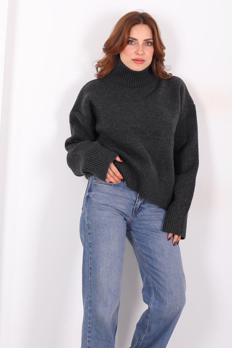 Balıkçı Yaka Uzun Kol Füme Kadın Triko Kazak - 3