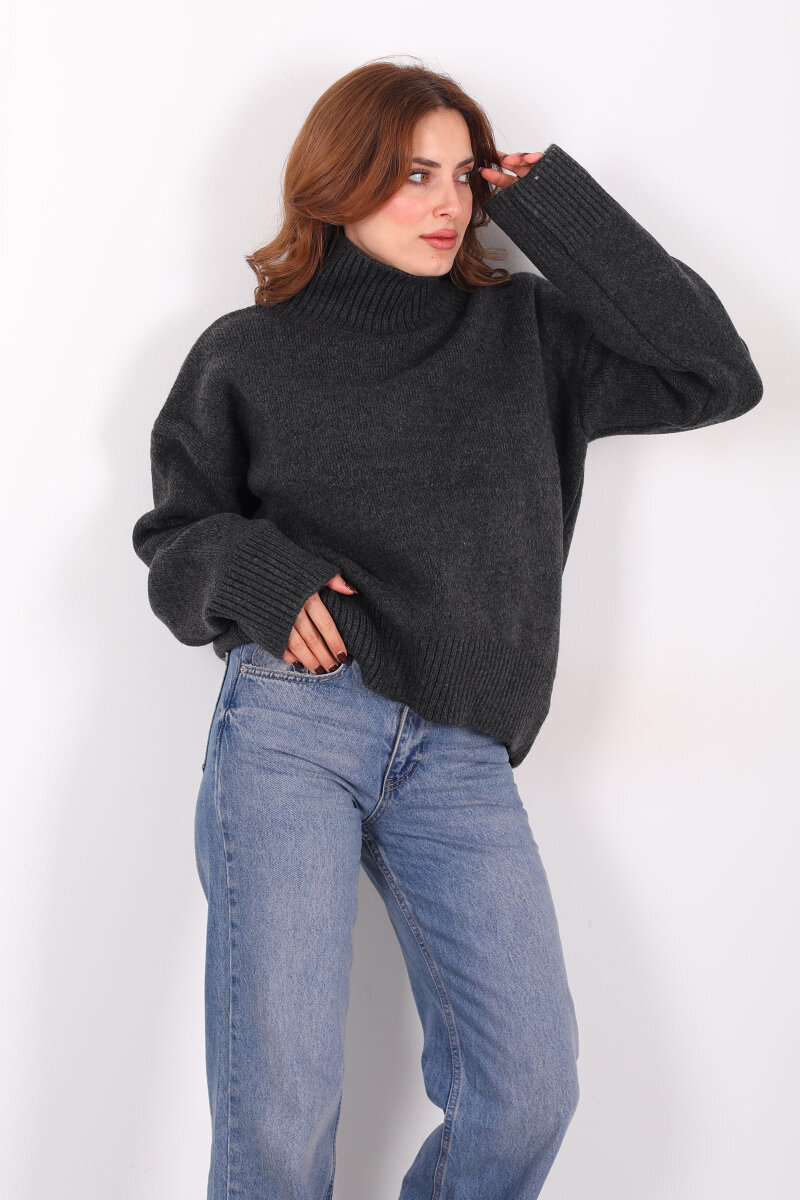 Balıkçı Yaka Uzun Kol Füme Kadın Triko Kazak - 1