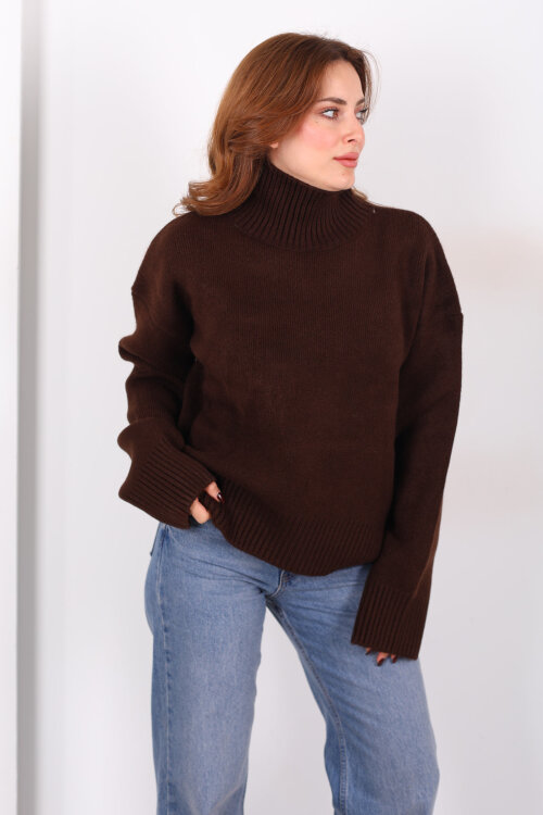 Balıkçı Yaka Uzun Kol Kahverengi Kadın Triko Kazak - Berox