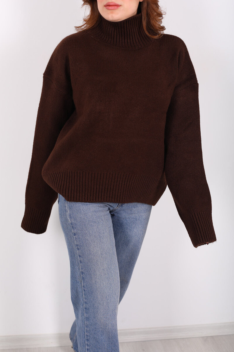Balıkçı Yaka Uzun Kol Kahverengi Kadın Triko Kazak - 2