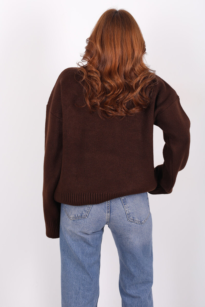 Balıkçı Yaka Uzun Kol Kahverengi Kadın Triko Kazak - 4