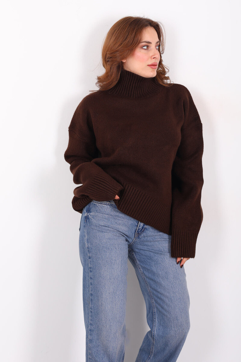 Balıkçı Yaka Uzun Kol Kahverengi Kadın Triko Kazak - 5
