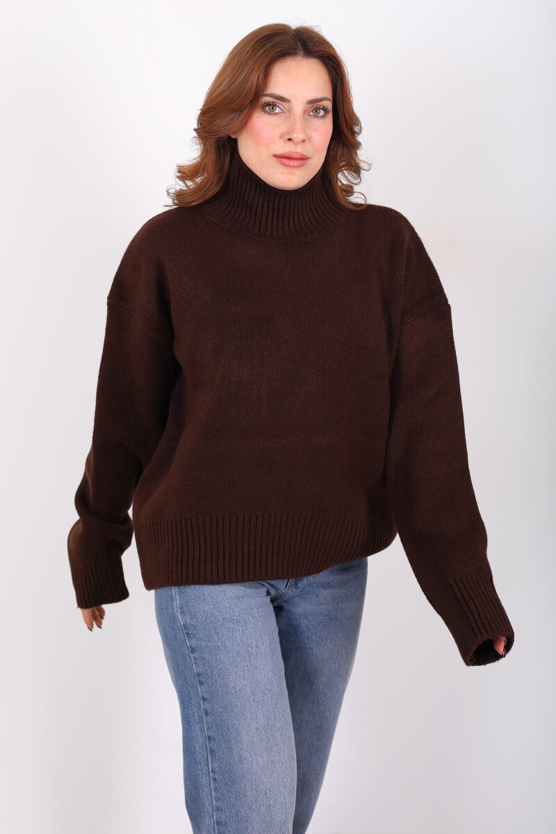 Balıkçı Yaka Uzun Kol Kahverengi Kadın Triko Kazak - 3