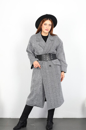 Balıksırtı Desen Kadın Siyah Maxi Boy Oversize Kaşe Kaban - 6