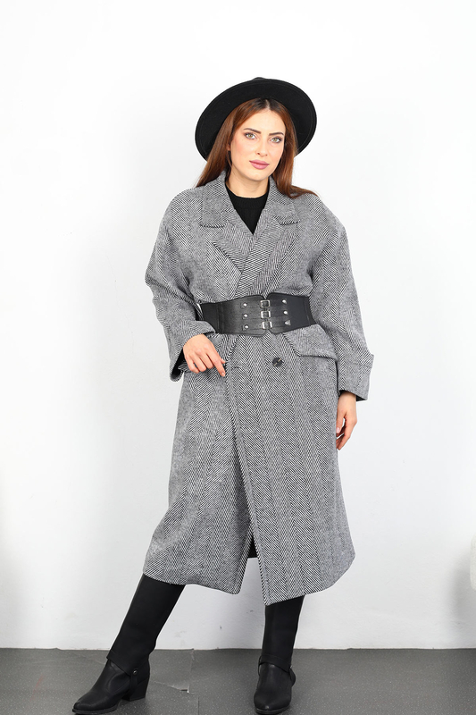 Balıksırtı Desen Kadın Siyah Maxi Boy Oversize Kaşe Kaban - 6