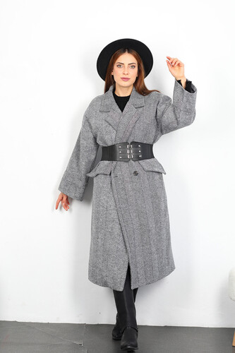 Balıksırtı Desen Kadın Siyah Maxi Boy Oversize Kaşe Kaban - 4