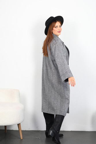 Balıksırtı Desen Kadın Siyah Maxi Boy Oversize Kaşe Kaban - 7