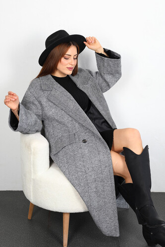 Balıksırtı Desen Kadın Siyah Maxi Boy Oversize Kaşe Kaban - 3