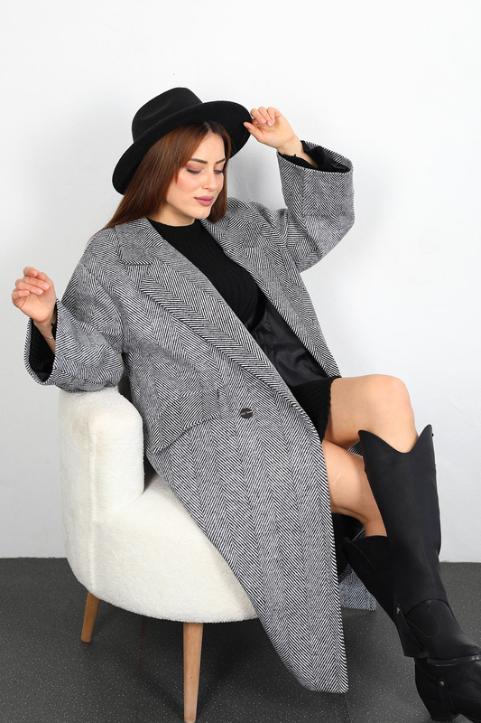 Balıksırtı Desen Kadın Siyah Maxi Boy Oversize Kaşe Kaban - 3