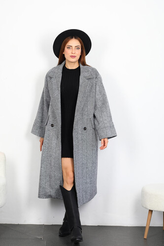 Balıksırtı Desen Kadın Siyah Maxi Boy Oversize Kaşe Kaban - 5