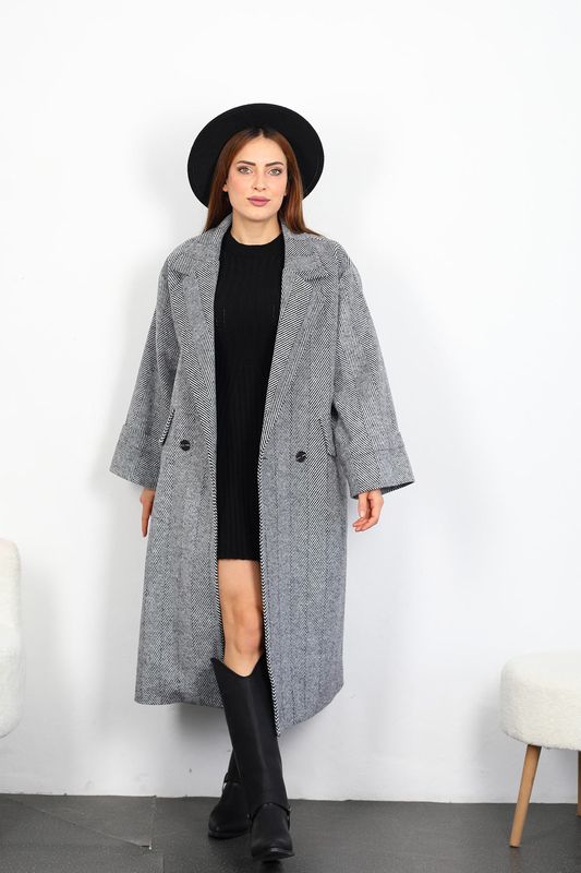 Balıksırtı Desen Kadın Siyah Maxi Boy Oversize Kaşe Kaban - 5