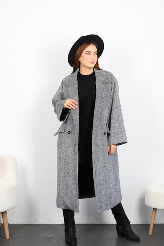 Balıksırtı Desen Kadın Siyah Maxi Boy Oversize Kaşe Kaban - Berox (1)