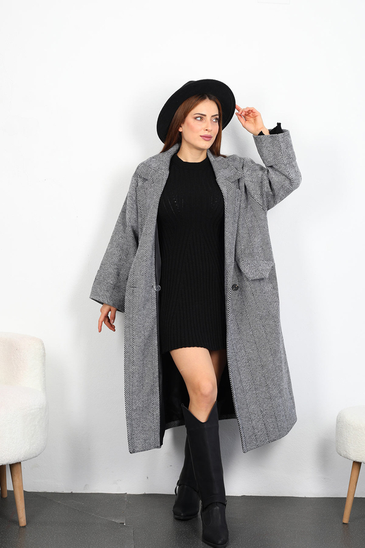 Balıksırtı Desen Kadın Siyah Maxi Boy Oversize Kaşe Kaban - 1