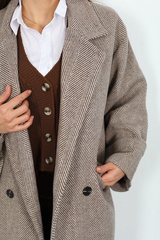 Balıksırtı Desen Kadın Vizon Maxi Boy Oversize Kaşe Kaban - 6