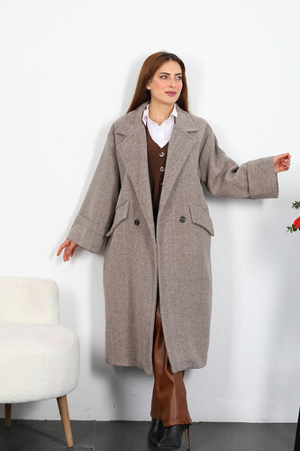 Balıksırtı Desen Kadın Vizon Maxi Boy Oversize Kaşe Kaban - 3