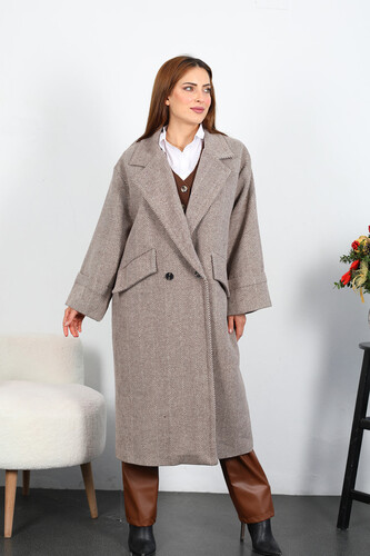 Balıksırtı Desen Kadın Vizon Maxi Boy Oversize Kaşe Kaban - Berox (1)