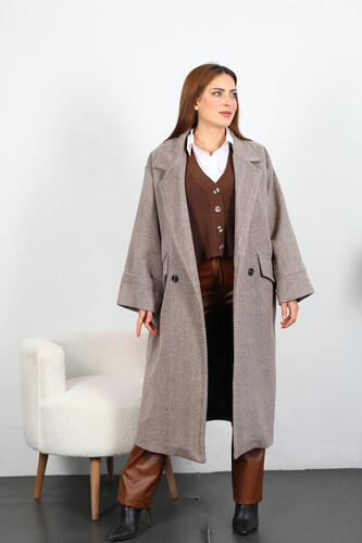 Balıksırtı Desen Kadın Vizon Maxi Boy Oversize Kaşe Kaban - 4