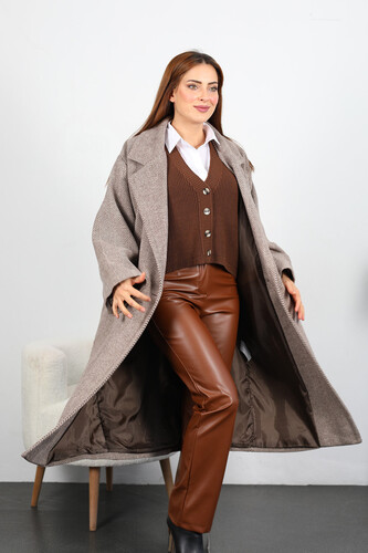 Balıksırtı Desen Kadın Vizon Maxi Boy Oversize Kaşe Kaban - 5