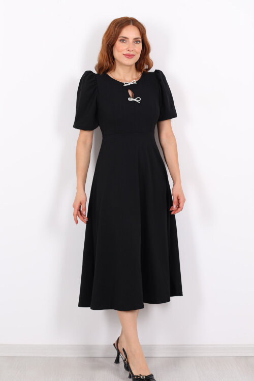 Balon Kol Damla Yaka Fiyonklu Siyah Kadın Elbise - 3