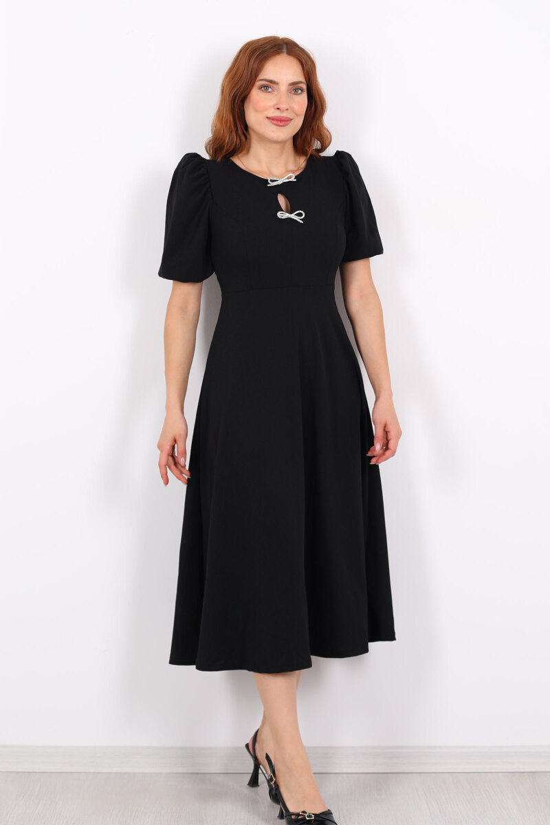 Balon Kol Damla Yaka Fiyonklu Siyah Kadın Elbise - 3