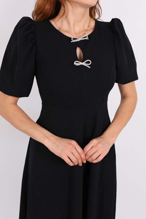 Balon Kol Damla Yaka Fiyonklu Siyah Kadın Elbise - Berox (1)