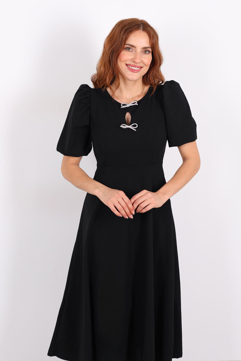 Balon Kol Damla Yaka Fiyonklu Siyah Kadın Elbise - 4