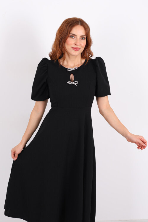 Balon Kol Damla Yaka Fiyonklu Siyah Kadın Elbise - Berox