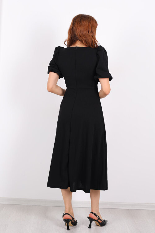 Balon Kol Damla Yaka Fiyonklu Siyah Kadın Elbise - 5