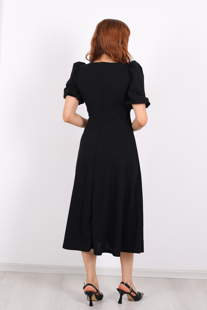 Balon Kol Damla Yaka Fiyonklu Siyah Kadın Elbise - 5