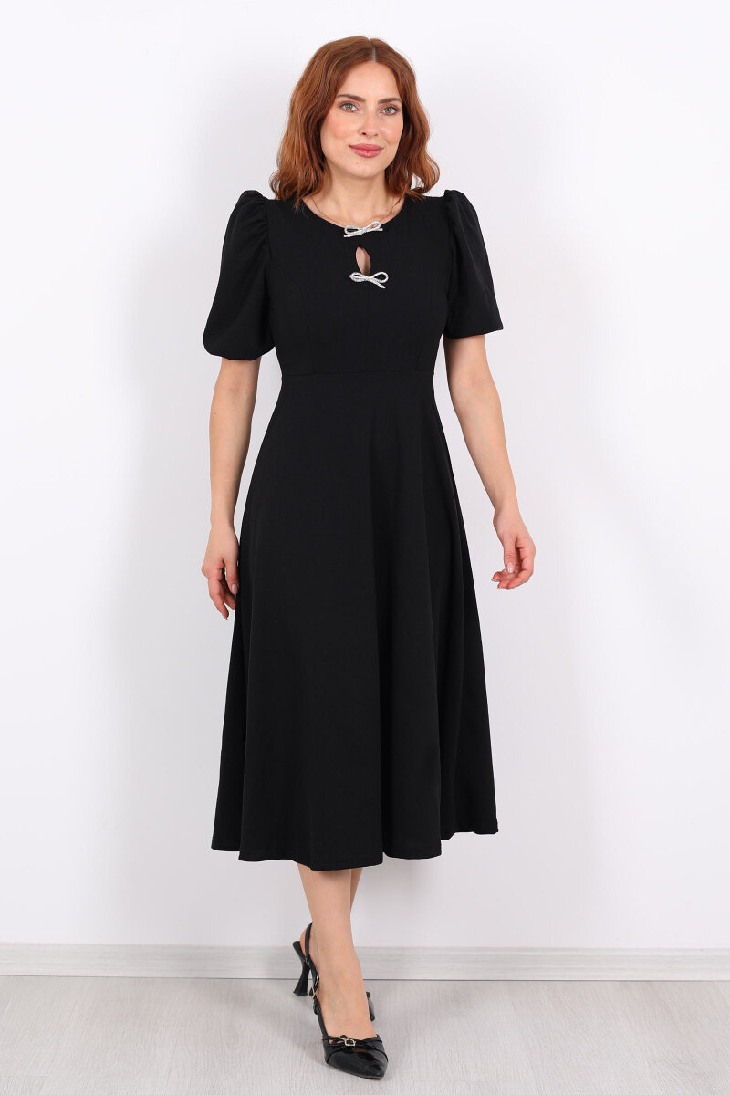 Balon Kol Damla Yaka Fiyonklu Siyah Kadın Elbise - 6